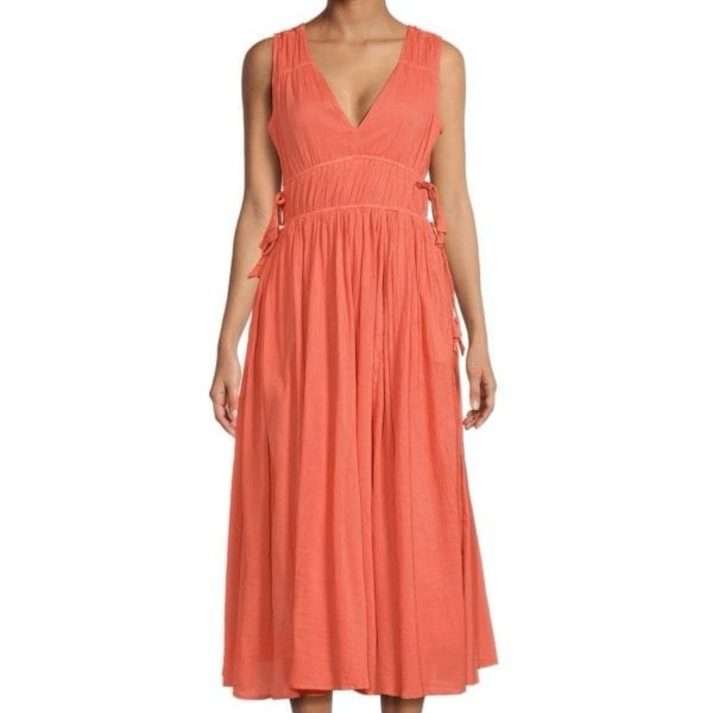 JOIE 100% cotton coral orange Margarettea Crinkle Sleeveless Midi Dress - S